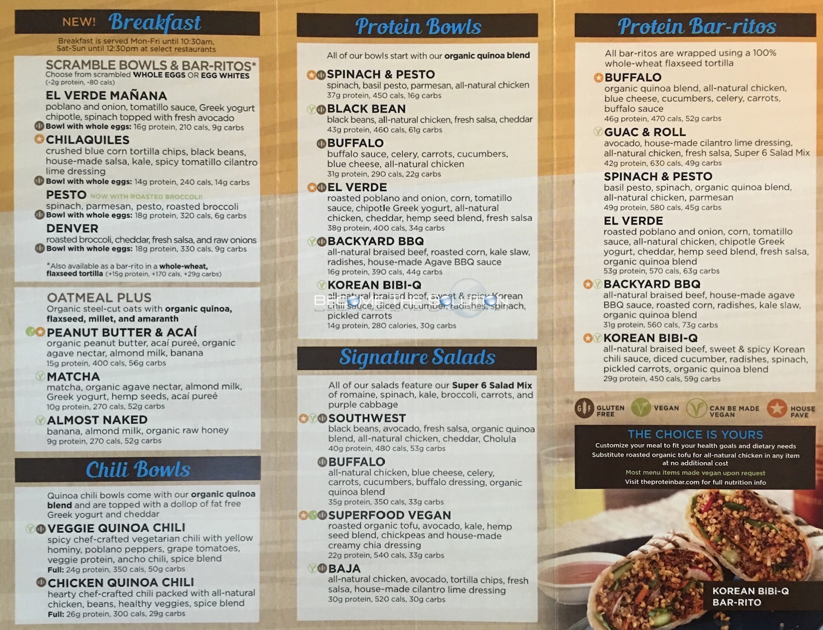 the protein bar and kitchen menu
